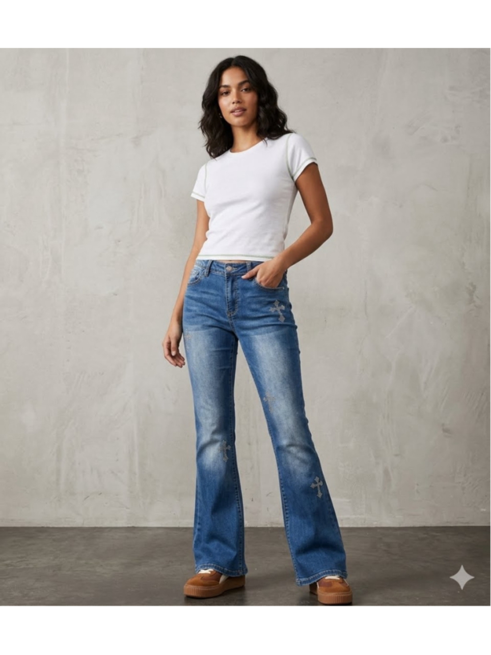 Bamboo Cross Rhinestone Flare Jeans Medium Wash Size 15